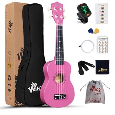 Imagem de Winzz Kit inicial de ukulele soprano para iniciantes com bolsa, afinador de encaixe, cordas extras, alça, palheta, adesivos de traste, cartão de acordes, pano de polimento, rosa