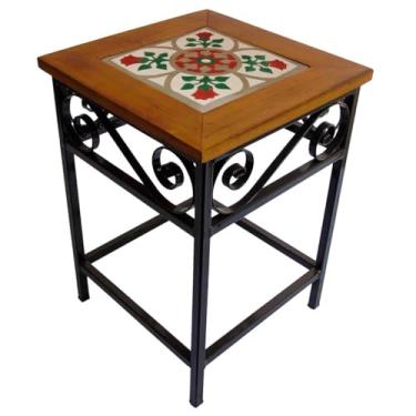 Imagem de Banco Rústico em Ferro e Madeira Maciça com Ladrilho Hidráulico – Banco Artesanal Decorativo Estilo Industrial para Cozinha, Sala e Área Gourmet (8, B3)