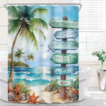 Imagem de Riyidecor Cortina de chuveiro de palmeira tropical Stall para decoração de banheiro 147x78H pequena, estreita, longa, praia, azul-petróleo, oceano, litoral, arte náutica, tecido impresso, poliéster