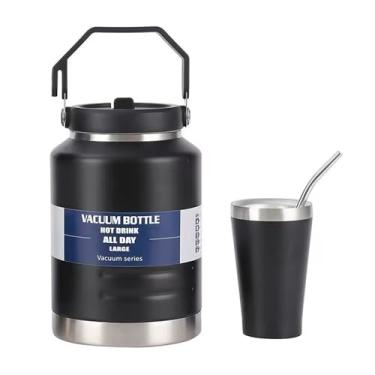 Imagem de Garrafa de água isolada grande de 1,5 galão + copo de aço inoxidável, 1,5 g, preto, jarro de copo de 1500 ml, recipiente isolado, frasco isolado, caneca térmica SS 304, à prova de vazamento, quente