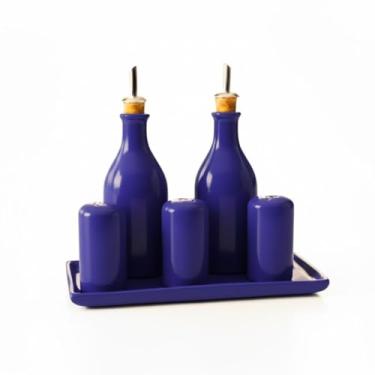 Imagem de Galheteiro Gourmet 6 Peças em Cerâmica Elegância e Organização para sua Mesa Posta,Bandeja e Bico Dosador – Porta Azeite, Vinagre, Sal,Pimenta e paliteiro (AZUL COBALTO)