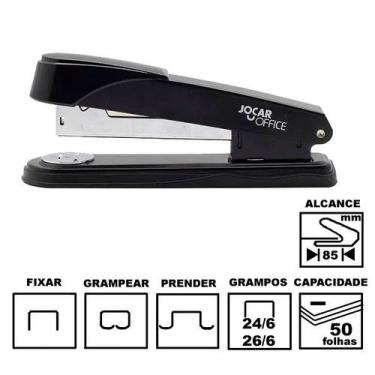 Imagem de Grampeador Jocar Office 4681 Preto Metálico 16cm 26/6 24/6 E 23/8 Até 