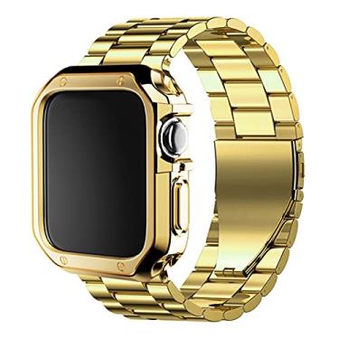 Imagem de SDUTIO para pulseira de relógio 44mm 42mm 40mm 38mm para i-Watch Series SE/7/6/5/4/3/2/1 capa protetora de silicone pulseira de metal (cor: 08 terno dourado, tamanho: 42mm)