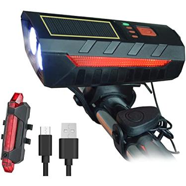 Imagem de Luzes de bicicleta - Conjunto de luzes LED recarregáveis ​​para bicicleta, modo de carregamento solar ou USB, com buzina de bicicleta e luz traseira de aviso de segurança