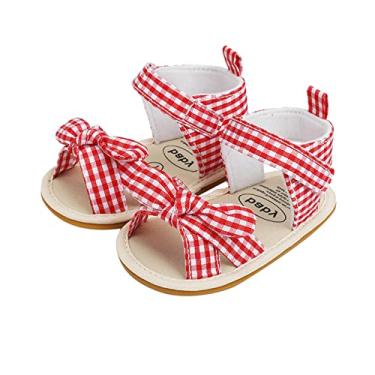 Imagem de Sandálias para meninas tamanho 11 infantil com bico aberto xadrez listrado com laço, sapatos para primeiros andadores, sapatos para crianças grandes, Vermelho, 6-12 Meses