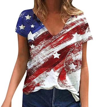 Imagem de Elogoog Camiseta Patriótica Bandeira dos EUA Camiseta Feminina Gola V 4 de Julho Patriótica Camiseta Leve Vermelha Branca Azul, Multicolorido #1, 3G