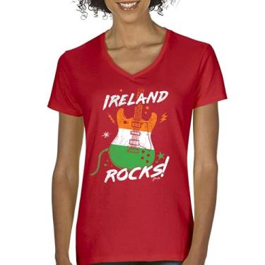 Imagem de Camiseta feminina Ireland Rocks Guitar Flag St Patrick's Day Gola V Shamrock Groove Vibe Pub Celtic Rock and Roll Clove, Vermelho, XXG