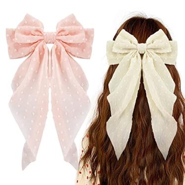 Imagem de Ambesi Grampos de cabelo com laço grande, 2 peças, prendedor francês de cauda longa para mulheres, meninas, acessórios de cabelo macio rosa bege para aniversário, despedida de solteira, casamento