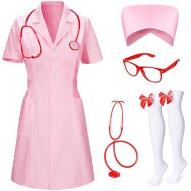 Imagem de TOKYO REVENGERS Conjunto de fantasia feminina de enfermeira de Halloween, 5 peças, roupa de médico, casaco de laboratório, chapéu de enfermeira, cosplay, acessórios, rosa, M