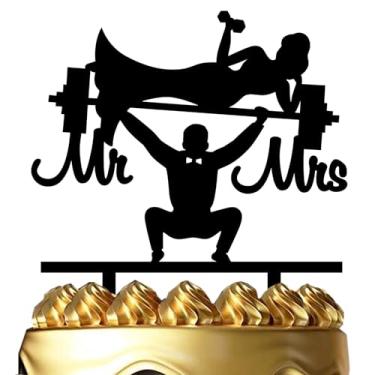 Imagem de Weight Lifting Wedding Cake Topper Fitness Themed Wedding Cake Topper Weight Lifter Mr and Mrs Cake Decor for Wedding Engagement Anniversary Bridal Shower Party Supplies
