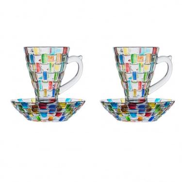 Imagem de MAGCOLOR Copo de café pintado à mão e pires conjunto de 2 copos para beber copos de 142 ml pintados coloridos para café expresso, leite. Refrigerante, suco. Chá quente, cappuccino, mocha, cacau.