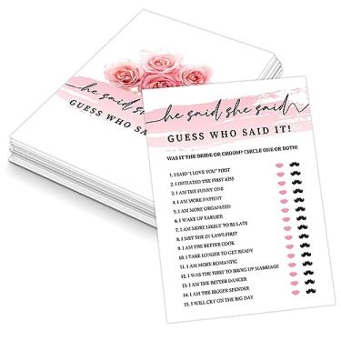 Imagem de Jogo Pink Swash He Said She Said para 30 convidados com cartas de jogo, jogo de chá de panela em aquarela rosa, decorações modernas de chá de panela, chá de casamento ou artigos de despedida de