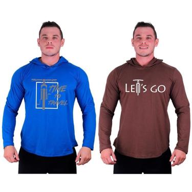 Imagem de Kit 2 Camisetas Manga Longa com Touca Longline Estampada Fitness Musculação Dia-a-Dia-Masculino
