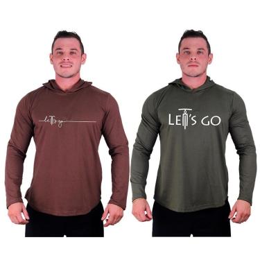 Imagem de Kit 2 Camisetas Manga Longa com Touca Longline Estampada Fitness Musculação Dia-a-Dia-Masculino