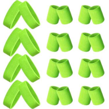 Imagem de Skylety Conjunto de 24 faixas de suor neon dos anos 80, inclui 8 faixas esportivas e 16 pulseiras de suor elásticas atléticas para homens e mulheres festa dos anos 80 (verde neon)