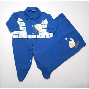 Imagem de KIT Saída Maternidade - Macacão e Manta - Azul com estampa de Elefanti