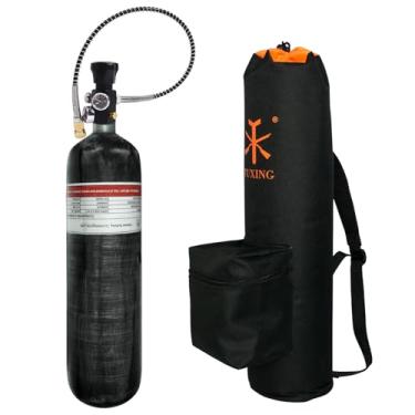 Imagem de TUXING 4500psi 3L/183Cu em tanque de ar HPA Paintball de fibra de carbono com sistema de ar PCP válvula de calibre duplo e bolsa de transporte (tanque de 3L pcp + regulador + bolsa de transporte)