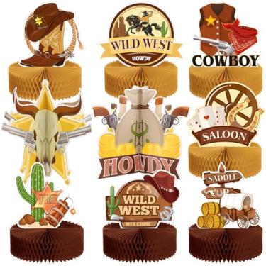 Imagem de 9 peças de centro de mesa de cowboy do velho oeste, decoração de festa do velho oeste caubói para mesa de centro de mesa 3D de caubói para decoração de festas temáticas ocidentais