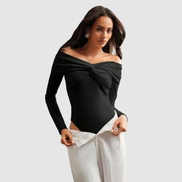 Imagem de Body Feminino Bojo Decote Trançado Manga Longa Ciganinha - Swisz, Pret