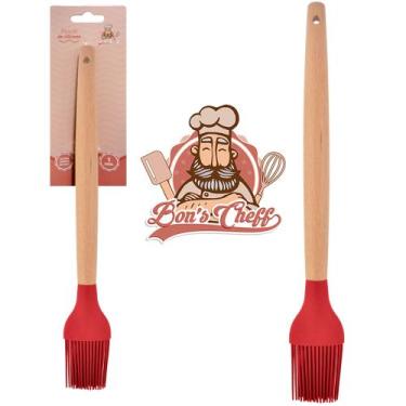 Imagem de Pincel culinario de silicone vermelho cabo madeira bons cheff 27x3,5cm