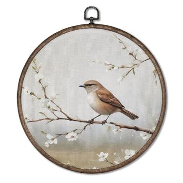 Imagem de Giosve Pôster emoldurado em tela vintage floral pardal pássaro redondo, pássaro rústico de fazenda no galho pendurado esculturas de parede para decoração de casa, quarto, sala de estar, 25 x 25 cm