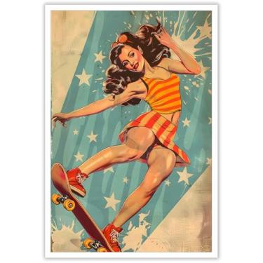 Imagem de Pôster retrô de skate, garota, sexy, vitalidade, bonito, adequado para quarto, sala de estar, dormitório, escritório, decoração 30,5 x 40,6 cm, sem moldura
