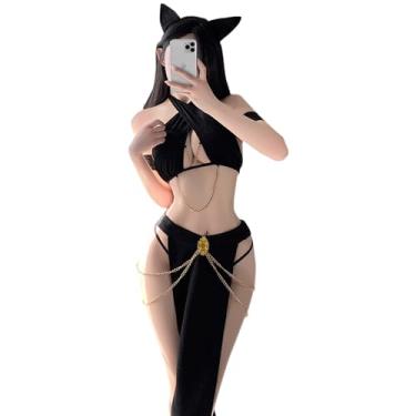Imagem de SENJIY Roupa de gato sexy para mulheres, lingerie fofa para cosplay, Babydoll, anime egípcio, encenação, frente única, pescoço, body, saia, vestido, orelhas, rabo, preto