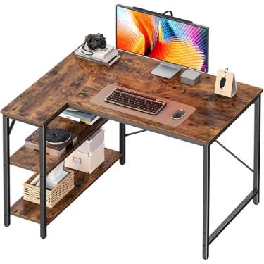 Imagem de Huuger Mesa em forma de L, mesa de computador de 99 cm com prateleiras reversíveis, mesa de jogos, mesa de escritório doméstico de canto, mesa de estudo de escrita com moldura de metal, marrom rústico