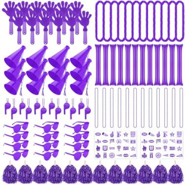 Imagem de Soulchen 360 peças roxas acessórios de espírito de equipe escolar a granel Team Spirit Day sortido palitos de trovão apitos apitos de mão megafone pompons de torcida óculos adesivo para eventos