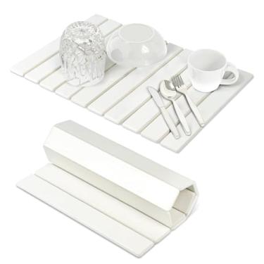 Imagem de DRHWEFSQ Tapete de secagem de pratos de pedra branca para balcão de cozinha, tapete de banho grande absorvente de terra de diatomáceas, secagem rápida, dobrável com lixa antiderrapante, 58 cm x 39 cm