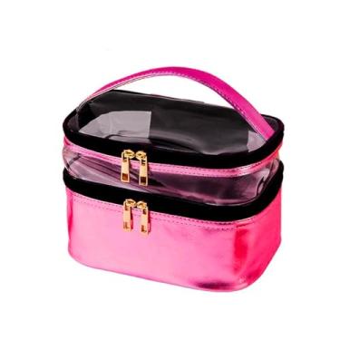 Imagem de Necessaire Grande Viagem Divisória Maquiagem Make Cosméticos Bolsa Organizador Feminina Beleza Multiuso Frasqueira Bolsinha (Pink)