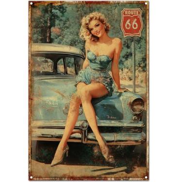 Imagem de Pôster de arte de parede vintage original, Girl and Route 66, decoração de parede de arte clássica retrô engraçada, garagem/homem, caverna, lata, placa de metal