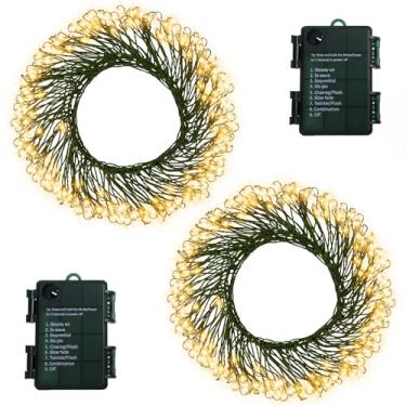 Imagem de BSGlobal Pacote com 2 pilhas de luzes de fadas, total de 6 m, 400 luzes de Natal de LED com temporizador, 8 modos, fio de cobre verde escuro para fogos de artifício para decoração de guirlanda de