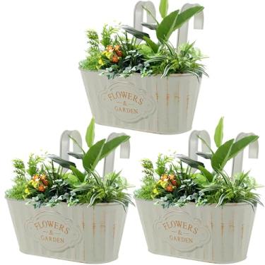 Imagem de FALESOUL Pacote com 3 vasos de flores suspensos de metal para cerca de trilhos, vasos de flores pendurados na varanda com ganchos removíveis e orifícios de drenagem, suporte de plantas de janela de