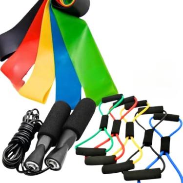 Imagem de Elastico Extensor para Exercicio + Conjunto 5 Mini Bands + Corda de Pular, Kit 3 em 1 para Treino em Casa, Musculacao, Pernas e Braços