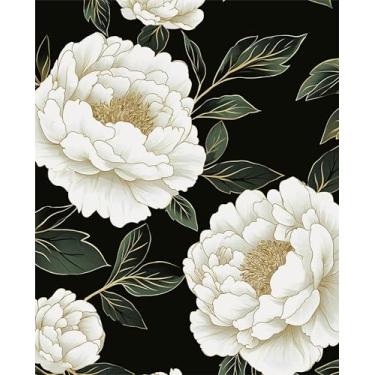 Imagem de Laatse Papel de parede floral verde escuro descasque e cole papel de contato com folhas 44,5 cm x 299,7 cm vinil impermeável autoadesivo vintage flor branca mural de parede para quarto, paredes
