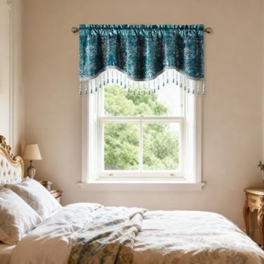 Imagem de VOGOL Sanefas de cozinha de veludo para janelas, acabamento em folha texturizada de mármore para sala de estar, sala de jantar, cortinas de saia com bolso de haste, L132 x C45, 1 painel, azul