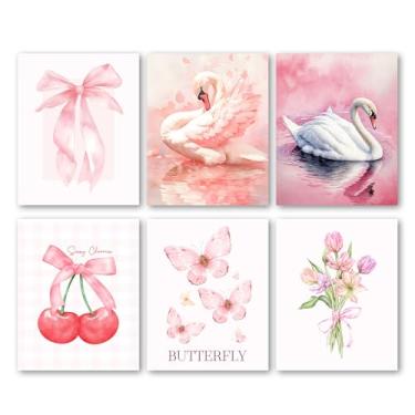 Imagem de Bgohrd Conjunto de pôsteres rosa, cisne rosa, borboleta, floral, cerejeira, arco, impressões de arte de parede para decoração de sala de estar, pôster de pintura estética moderna para quarto de