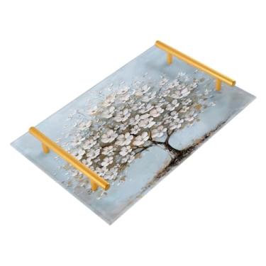 Imagem de Wassud Bandeja de banheiro com flor de cerejeira branca, bandejas de perfume, alça de maquiagem, cômoda, quarto, cozinha, mesa, 30 x 20 cm