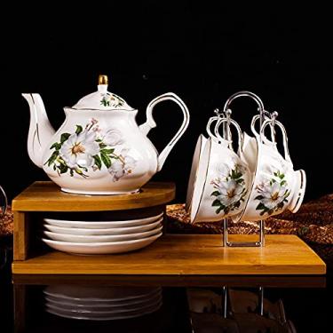 Imagem de LMJYU Conjunto de chá floral vintage estilo tribunal para adultos Conjunto de chá de porcelana britânica Xícaras de chá e pires Conjunto de presente de café de porcelana chinesa com suporte de copo