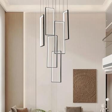 Imagem de Luminária pendente LED ajustável para escadas, lustre moderno com intensidade regulável e controle remoto, lustre preto de 96W para salas de estar, escadas, duplexes, hall de entrada e saguã