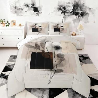 Imagem de Feelyou Conjunto de cama floral abstrato moderno, macio para meninos e meninas, minimalista, neutro, tamanho queen, bege, cinza, edredom de microfibra, 3 peças com 2 fronhas