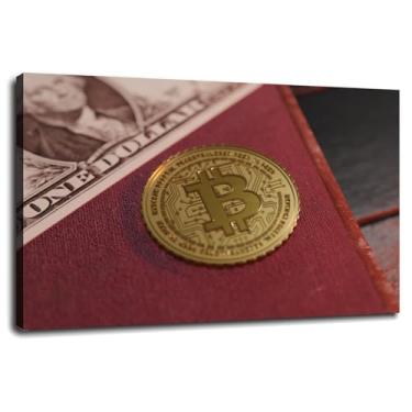 Imagem de Arte de parede Bitcoin Canvas Prints Currency Gold Poster para casa 1 peça decorações com moldura 76.2 cm x 50.8 cm