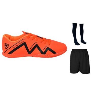 Imagem de Chuteira Futsal Adulto Juvenil Salão Quadra Futebol Costurada + Meião 