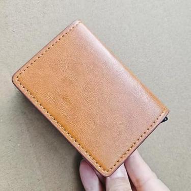 Imagem de Carteira masculina inteligente pop-up | Suporte para cartão de fibra de carbono com bloqueio RFID ultrafino 9-14 compartimento para dinheiro, Marrom claro, Retrô