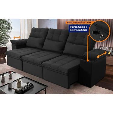 Imagem de Sofá Retrátil Reclinável Verona Usb E Porta Copo 2,30m Preto