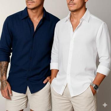 Imagem de Kit 2 Camisa de Linho Manga Longa Masculina Social Confortável Casual 