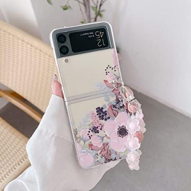 Imagem de Para Samsung Z Flip 4 Capa de telefone dobrável transparente pintada de flores com pulseira Para Samsung Z Flip 3 ZFlip4 Capa traseira dura, C com pulseira, Para Z Flip 4