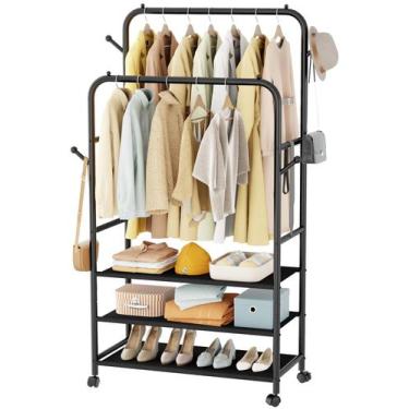 Imagem de Rack de Roupas Furologee com Rodas e 3 Prateleiras - Dupla Haste