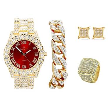 Imagem de Mostrador masculino dourado Big Rocks com números romanos, pulseira cubana, brincos empedrados e anel masculino Bling King - ST10327setCBER, Gold-Red, 9